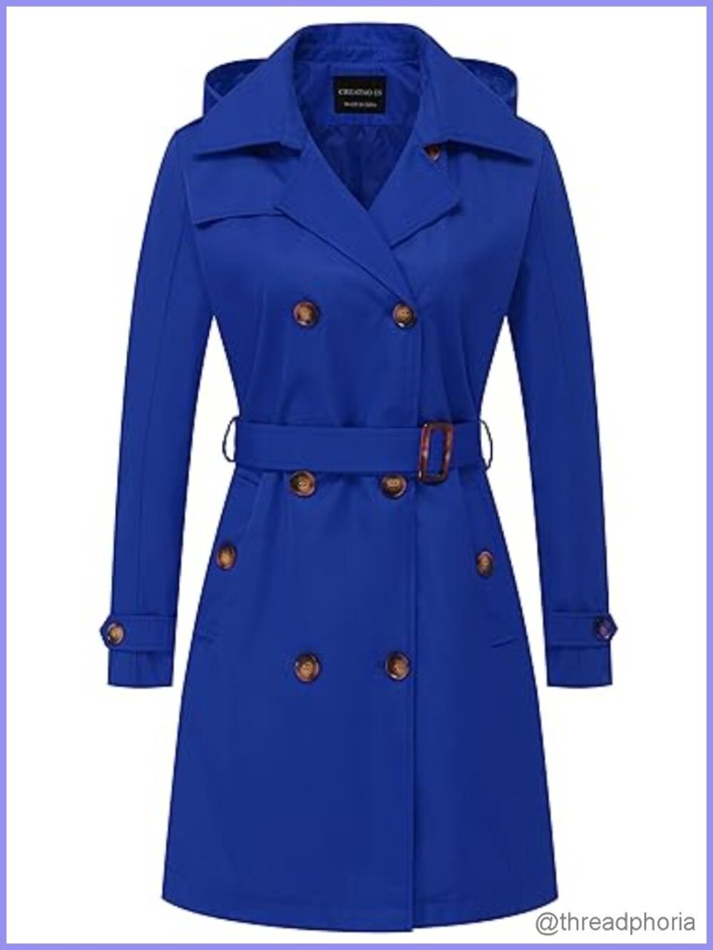 Women's Long Trench Coat Double-Breasted Belted Slim with Detachable Hood